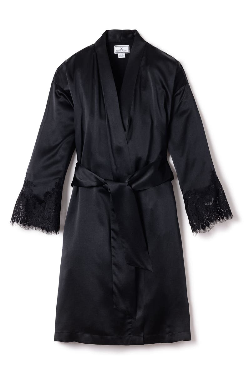 Petite Plume Lace Trim Mulberry Silk Robe, Alternate, color, Black