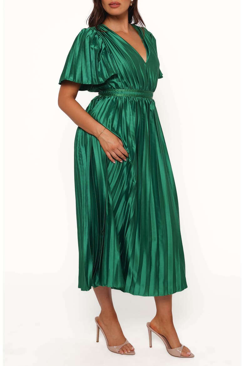 Keelah Pleated Satin Midi Dress, Alternate, color, EMERALD GREEN