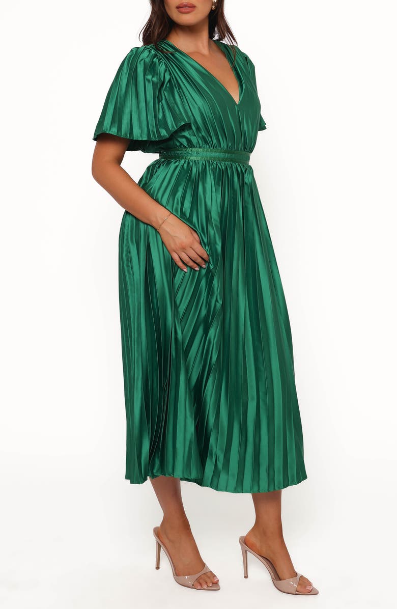 Petal & Pup Keelah Pleated Satin Midi Dress, Alternate, color, Emerald Green