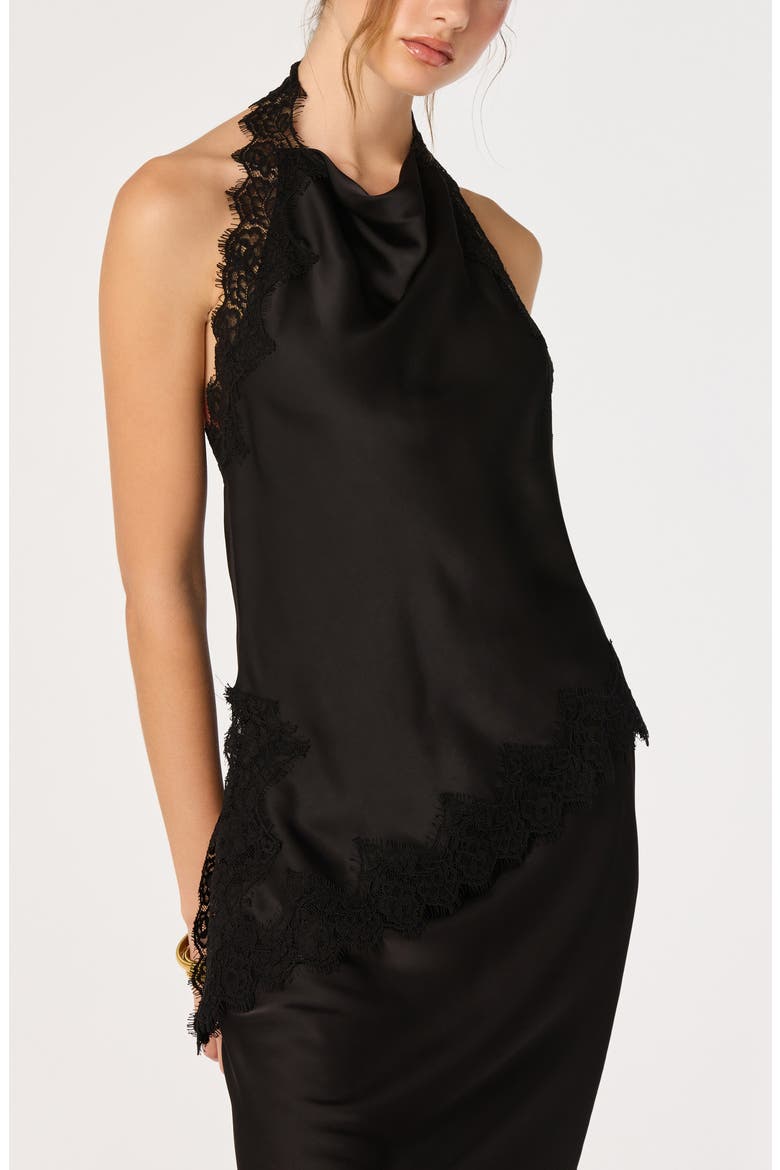 Amira Lace Trim Cowl Neck Satin Top, Alternate, color, BLACK