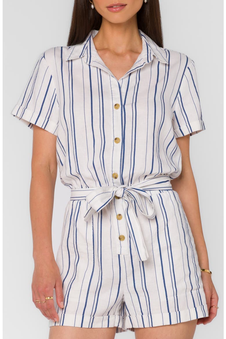 Short Sleeve Button Front Romper, Alternate, color, NAVY OPTIC WHITE STRIPE