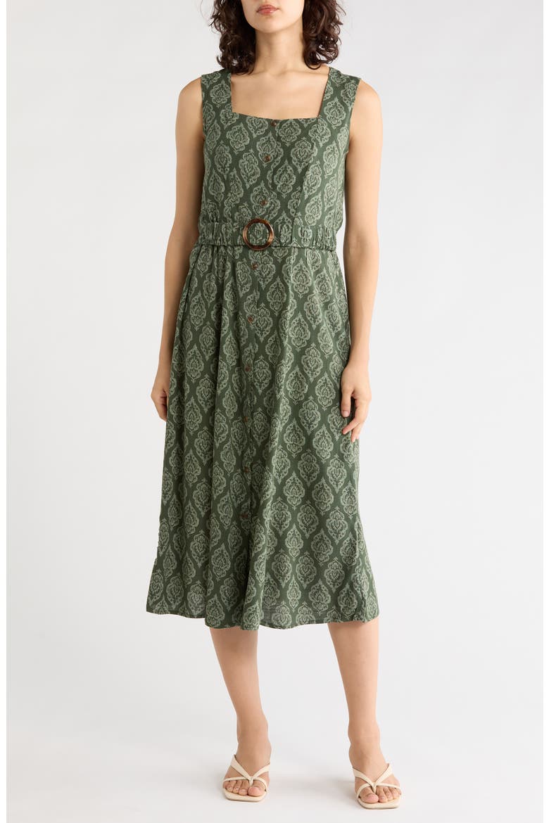 Square Neck Sleeveless Cotton Midi Dress, Main, color, OLIVE TILE