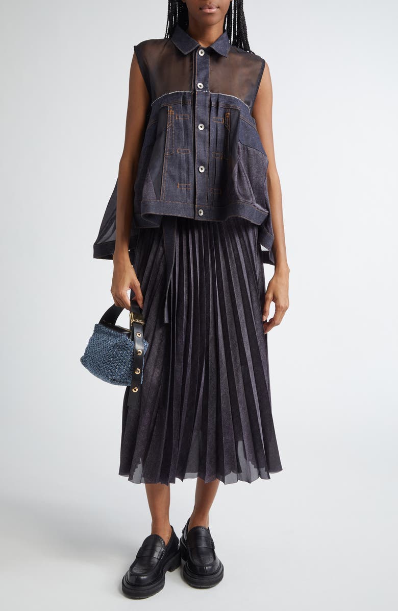 Sacai Sheer Panel Mixed Media Denim Shirt, Alternate, color,