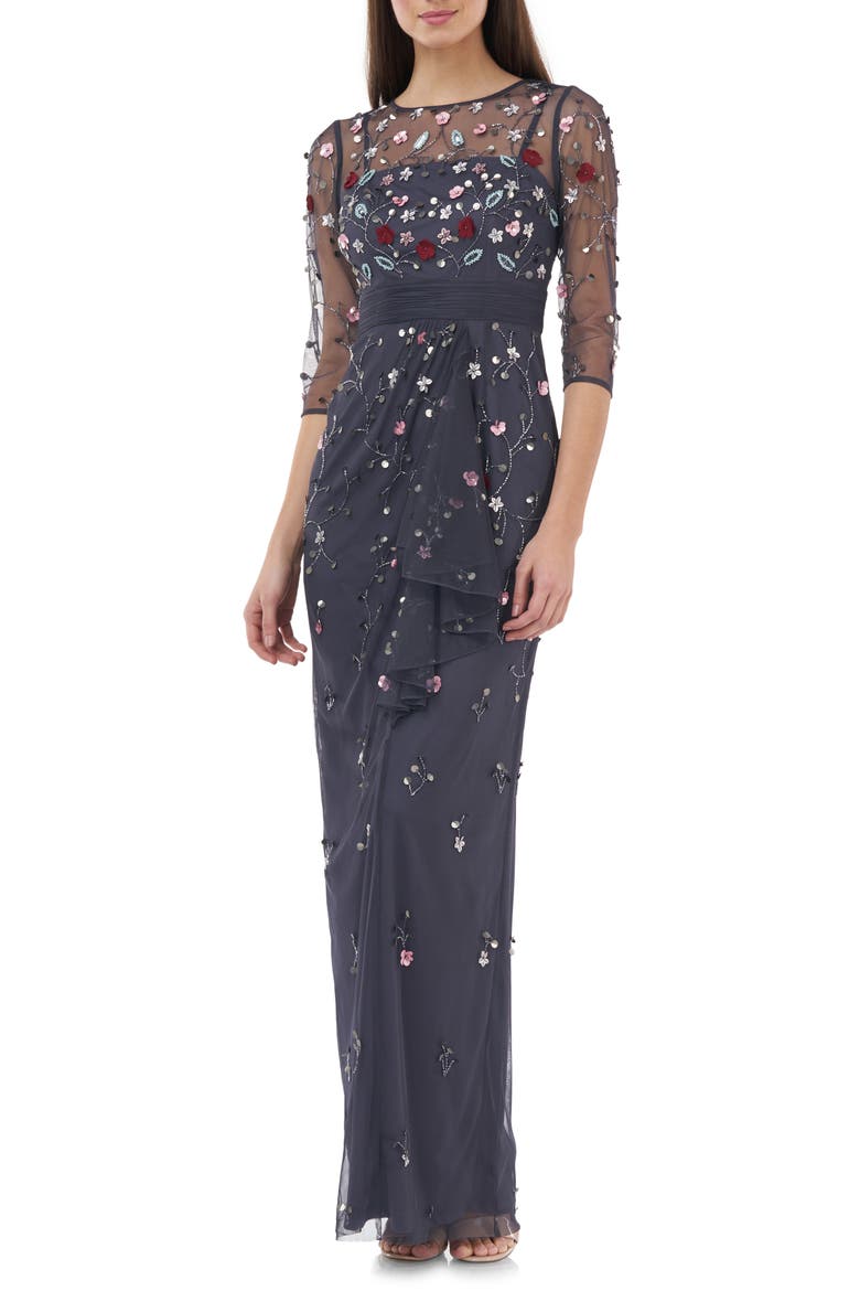 Floral 3D Embellished Gown, Alternate, color, CHARCOAL MULTI