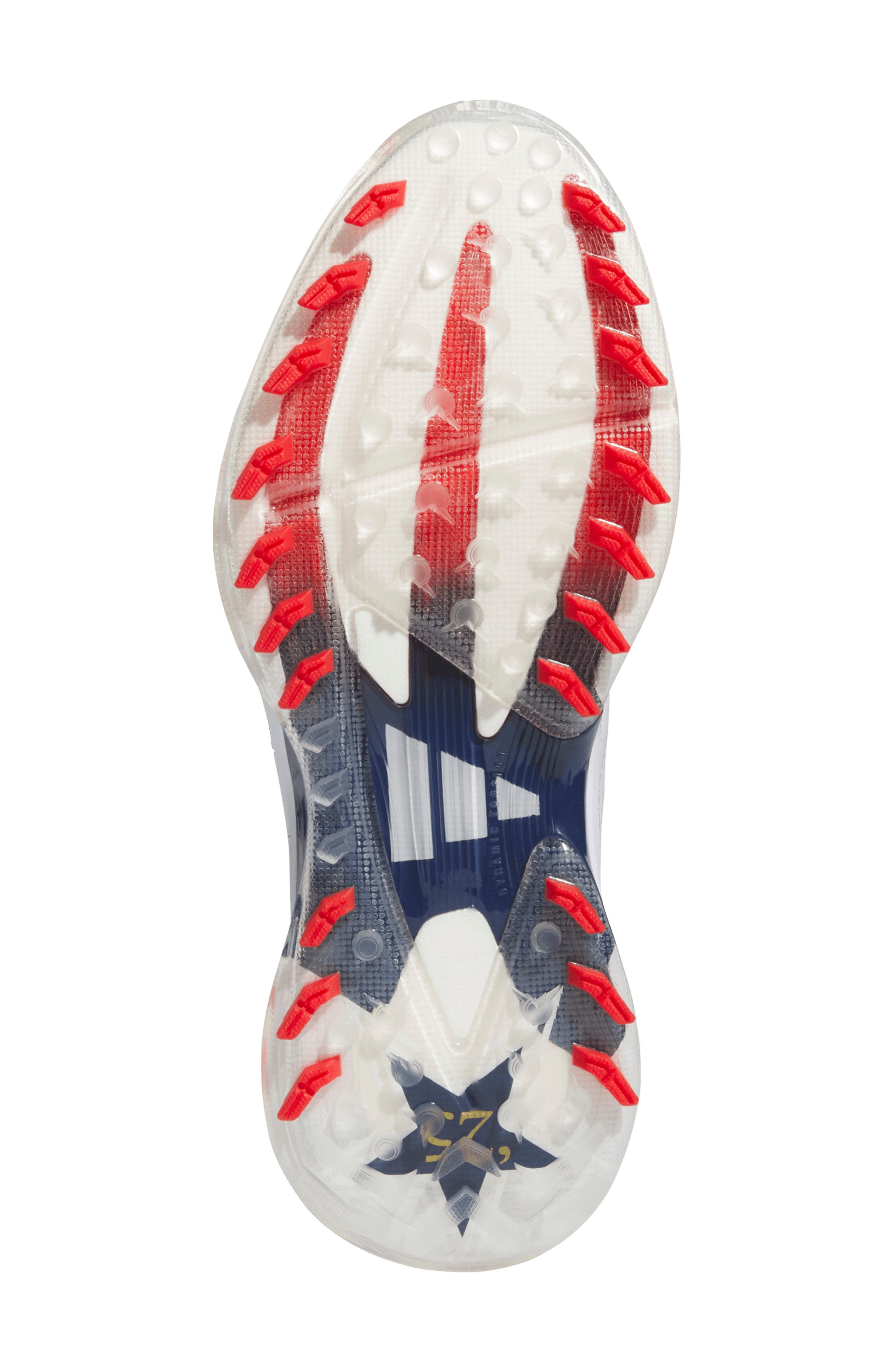 Adizero ZG Waterproof Golf Shoe, Alternate, color, WHITE/ DARK BLUE/ RED
