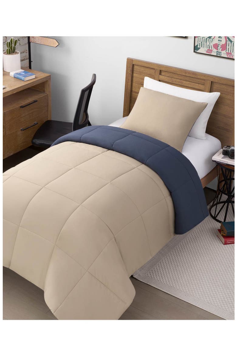 Reversible Box Stitch Comforter & Sham Set, Alternate, color, VINTAGE BLUE INDIGO/ TAN