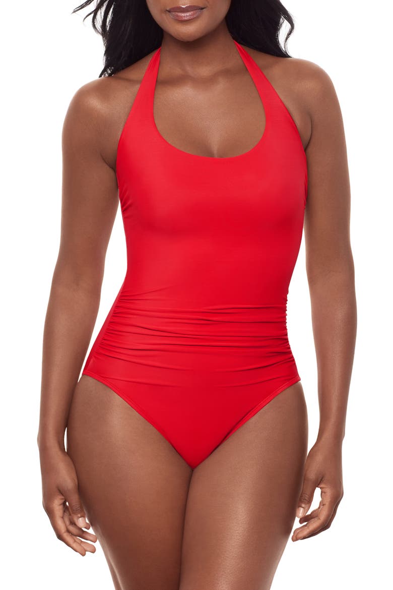 Rock Solid Utopia One-Piece Halter Swimsuit, Main, color, POPPY