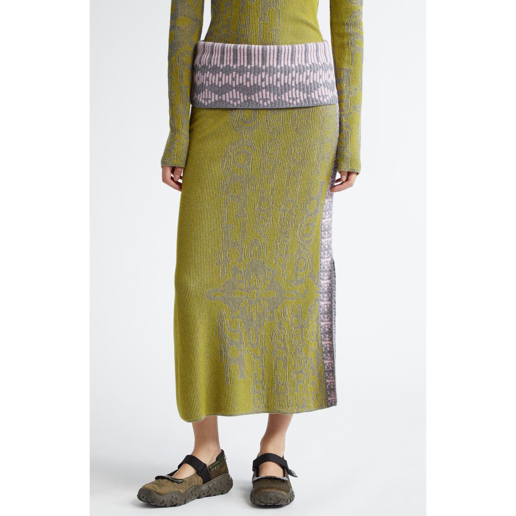 Paolina Russo Illusion Wool Maxi Sweater Skirt in Chartreuse/Stone/Pink