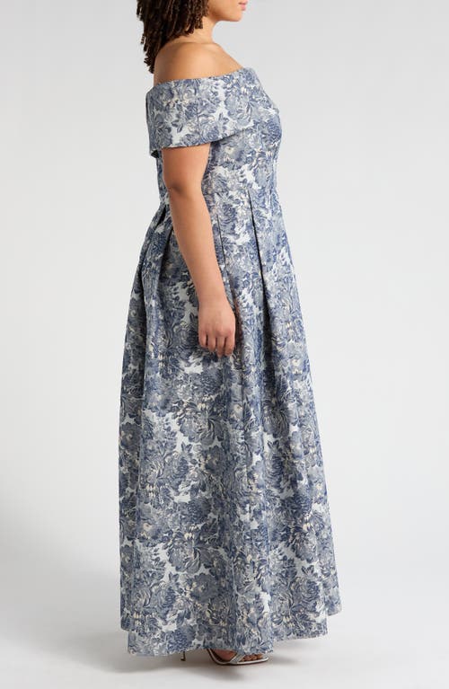 Alex Evenings Metallic Floral Brocade Off The Shoulder Gown In Silver Multi