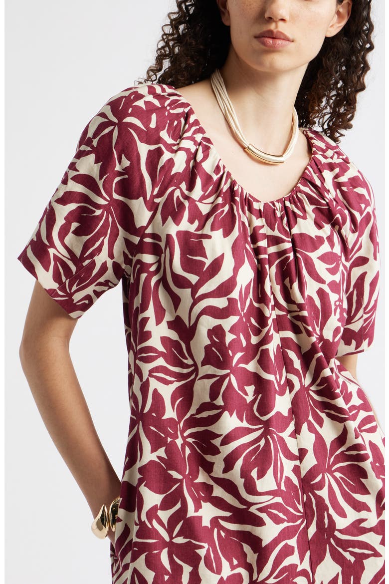 Shirred Linen Blend Minidress, Alternate, color, BEIGE- BURGUNDY FIRA BLOOM