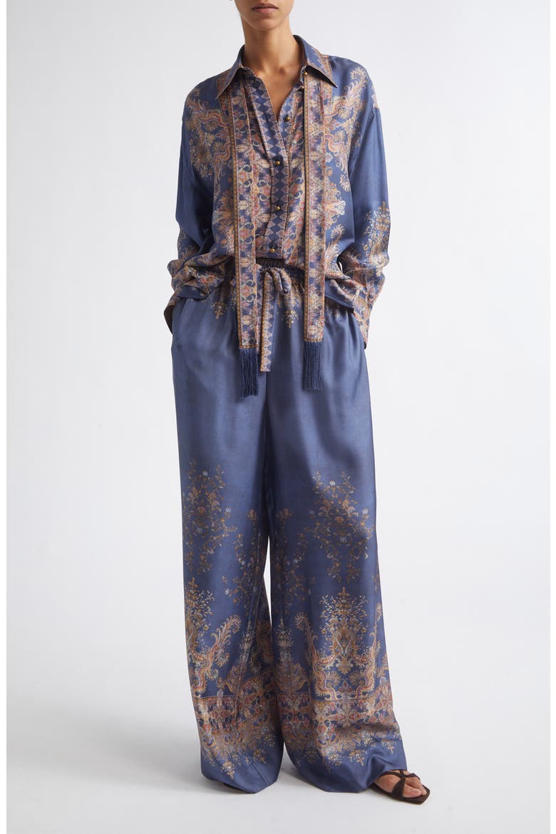 Valiant Paisley Print Tie Neck Silk Button-Up Shirt, Alternate, color, NAVY PAISLEY