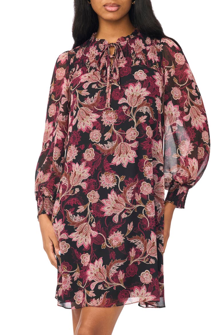Smocked Yoke Long Sleeve Dress, Alternate, color, BLACK MULTI