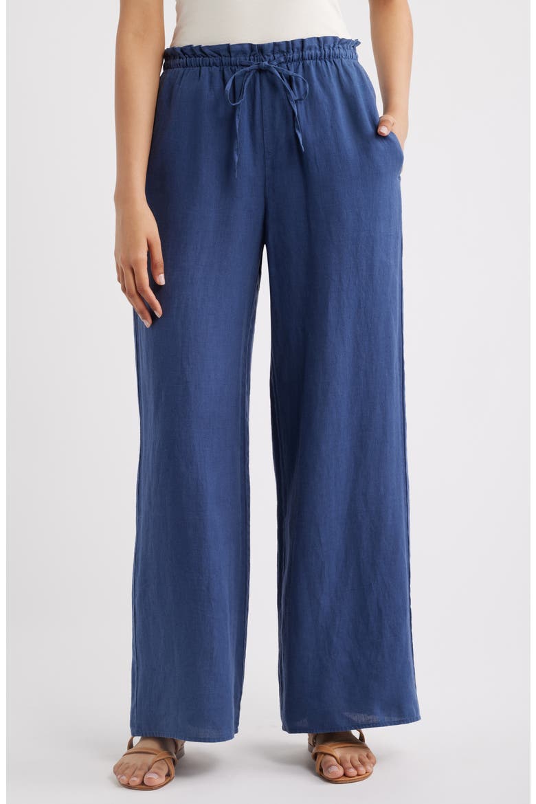 Ruffle Waist Wide Leg Linen Pants, Main, color, MIDNIGHT SURF
