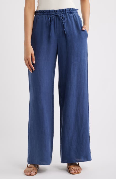 Ruffle Waist Wide Leg Linen Pants