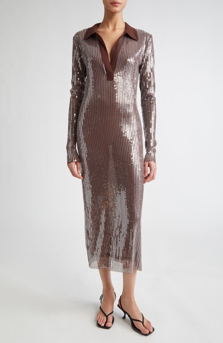 MONSE Long Sleeve Sequin Mesh Midi Polo Dress, Main, color, 