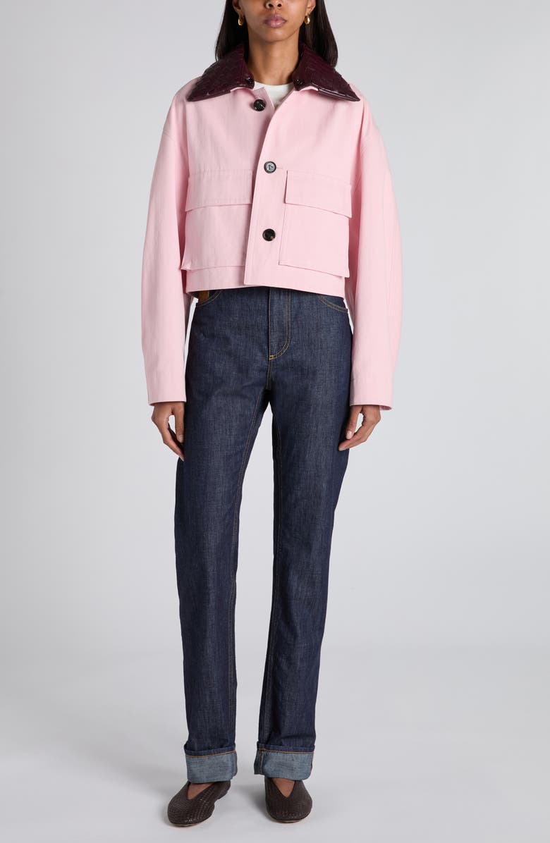 Bottega Veneta Cotton Twill Crop Jacket with Removable Intrecciato Leather Collar, Alternate, color, 