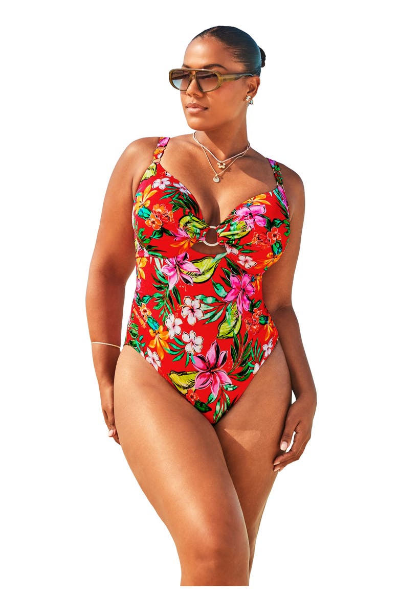 Shimmer Ring Underwire One Piece Swimsuit, Main, color, Ruby Tropical