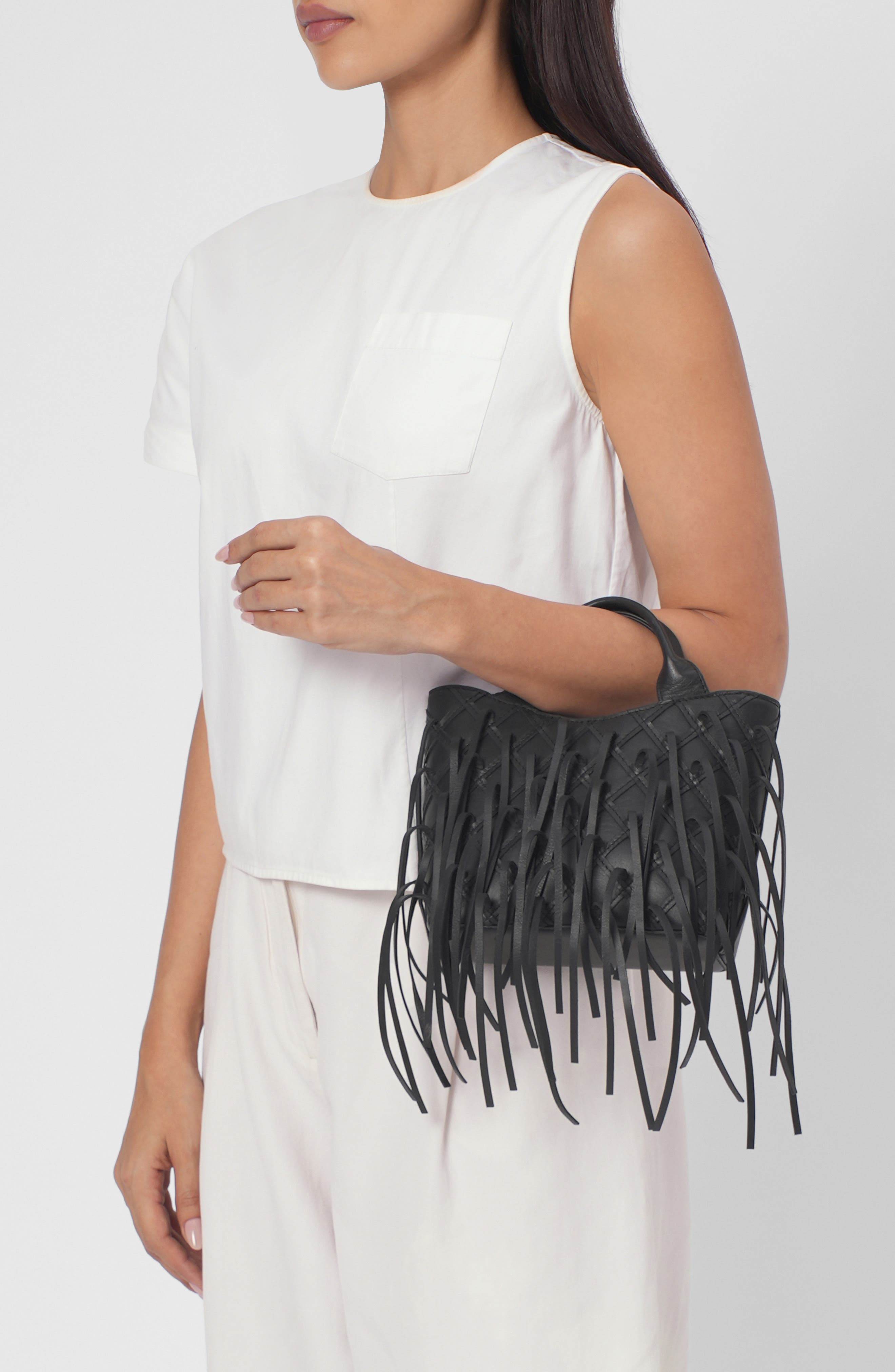 Katrina Mini Fringe Leather Tote, Alternate, color, BLACK