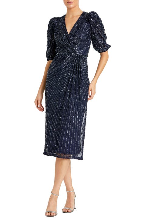 Sequined V-Neck Short Puff Sleeve Midi Dress