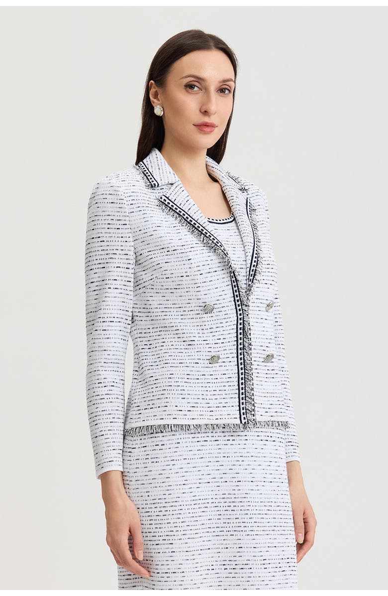 Ming Wang Heritage Eyelash Trim Lapel Collar Knit Jacket, Alternate, color, White/Indigo