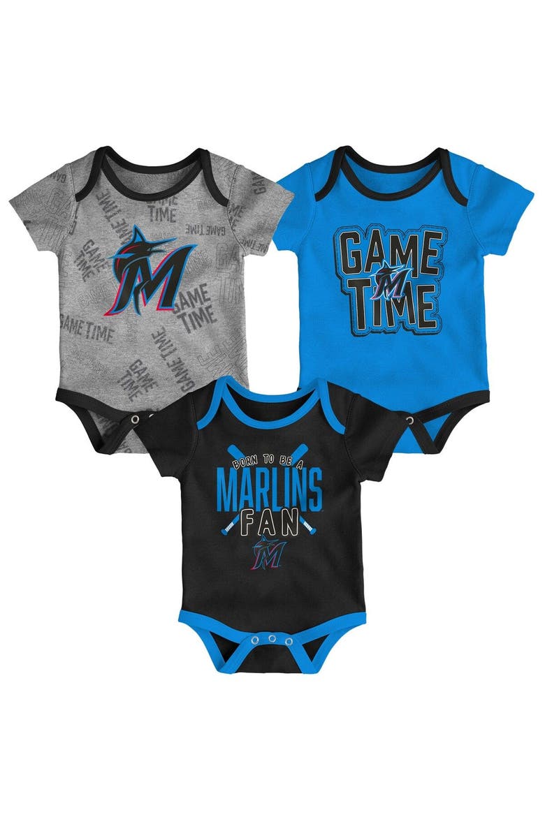 Newborn & Infant Miami Marlins Black/Blue/Heathered Gray Game Time Three-Piece Bodysuit Set, Main, color, Black