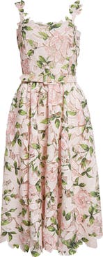 Oscar de la Renta Garden Rose Belted Silk Guipure Lace Midi Dress