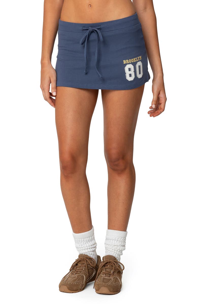 EDIKTED Brooklyn Embroidered Drawstring Microskort, Main, color, Blue
