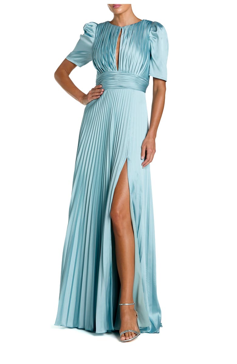 Mac Duggal Pleated Charmeuse Puff Sleeve Evening Gown With Slit, Alternate, color, Olive