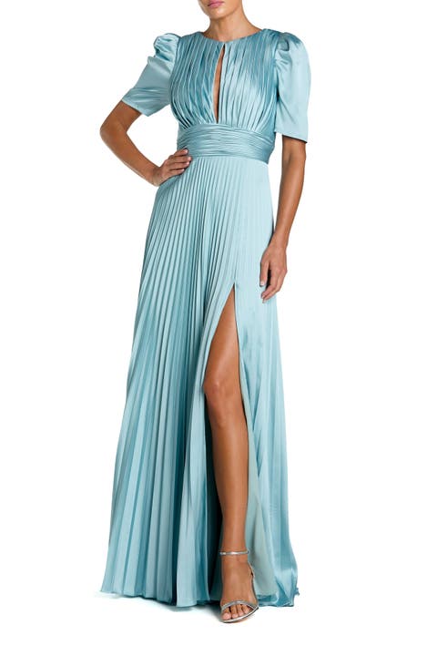Pleated Charmeuse Puff Sleeve Evening Gown With Slit