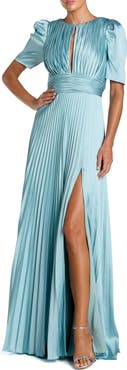 Mac Duggal Pleated Charmeuse Puff Sleeve Evening Gown With Slit