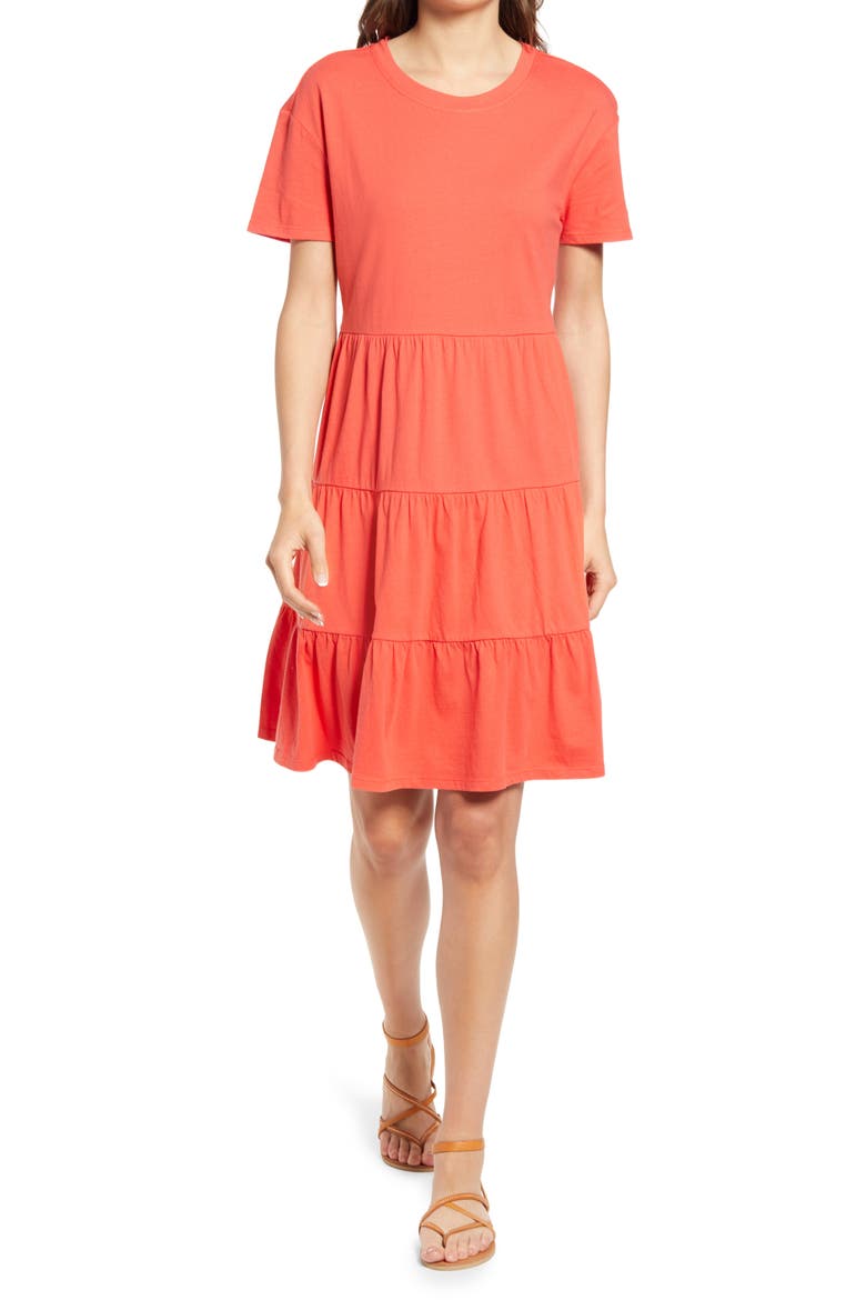 Tiered T-Shirt Dress, Main, color, RED CAYENNE