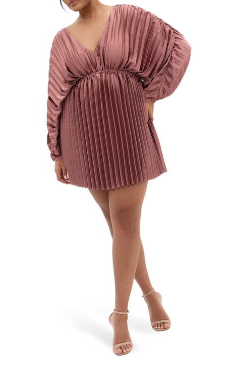 Chloe Pleated Long Sleeve Satin Minidress (Plus)