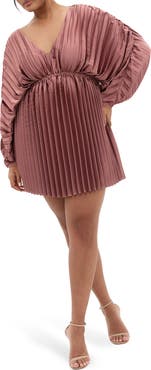 City Chic Chloe Pleated Long Sleeve Satin Minidress