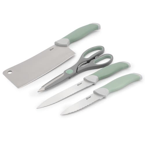 Oster Linbergh 14 Piece Stainless Steel Cutlery And Cutting Board Set In Green With Soft-grip Handles In Green