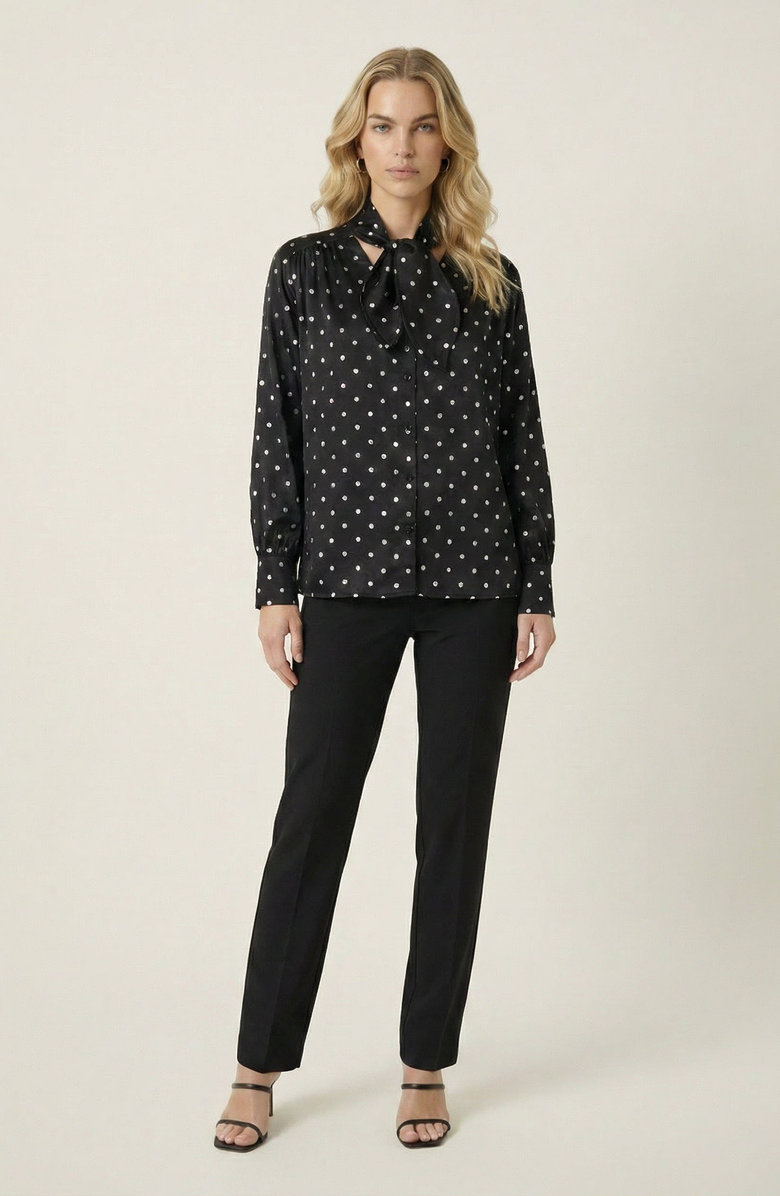 Modenaire Polka Dot Tie Neck Blouse, Alternate, color, Black
