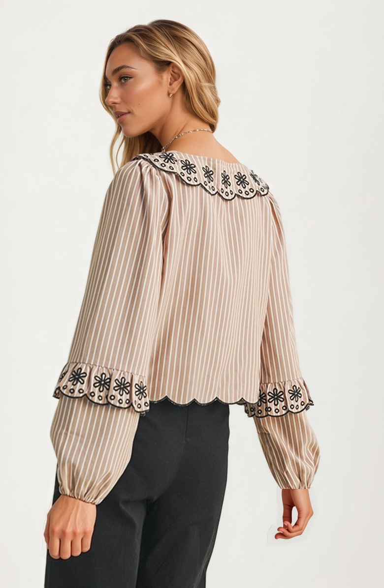 Knit and Lounge Striped Tie-Front Blouse with Floral Embroidered Trim, Alternate, color, Taupe / Black Embroidery