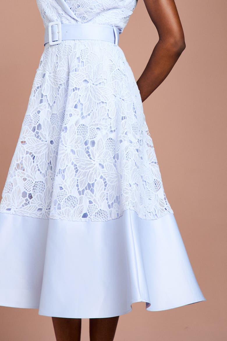 Satin Trim Lace Collard Midi Dress, Alternate, color, Cornflower Blue