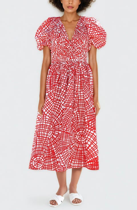 Red Gingham Taffeta Midi Dress