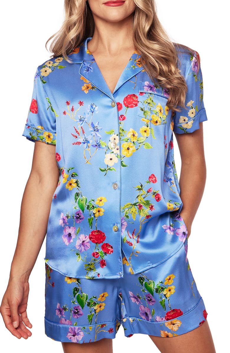 Petite Plume Brilliant Botanical Mulberry Silk Short Pajamas, Main, color, 