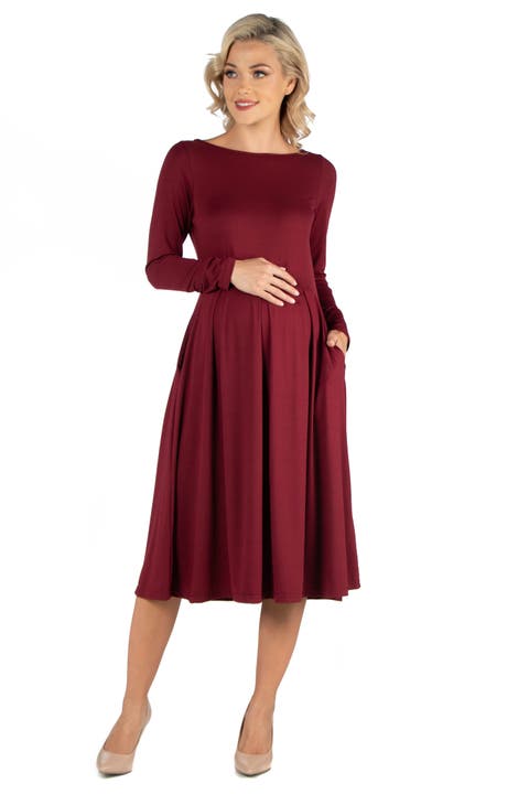 Maternity Midi Length Fit and Flare Pocket Dress