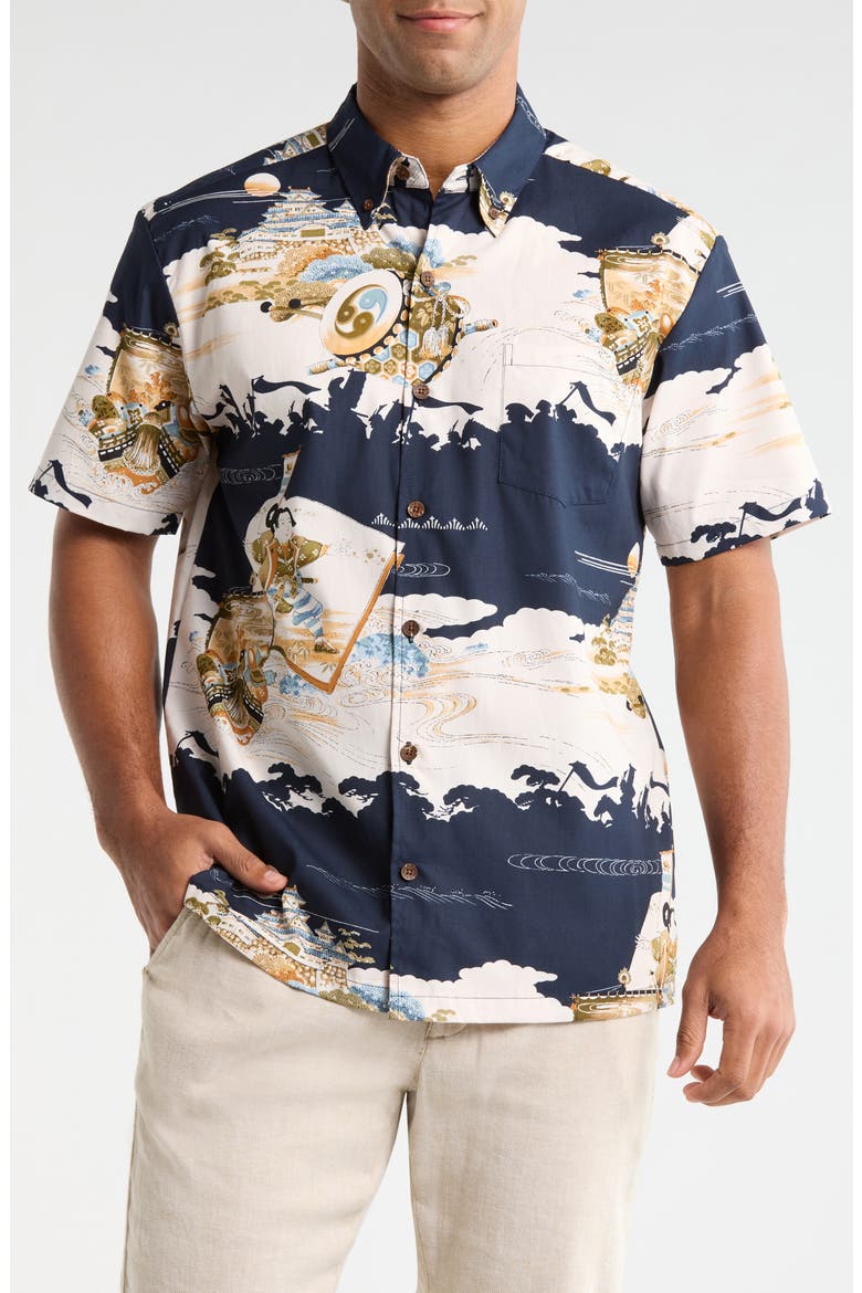 Hajime Print Short Sleeve Cotton Button-Down Shirt, Main, color, NAVY