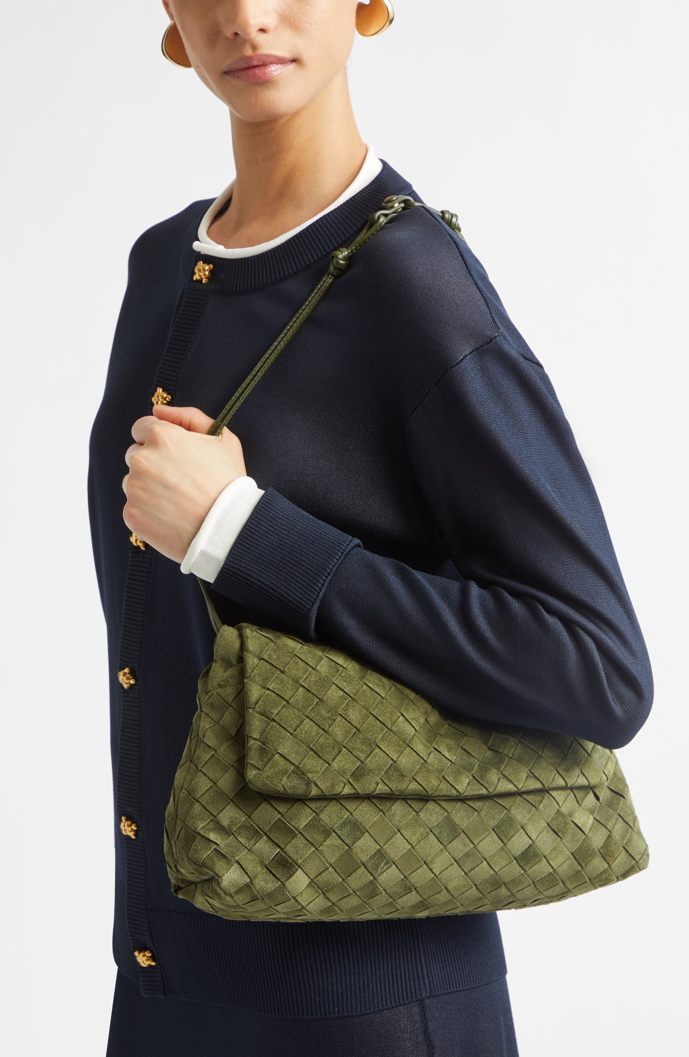 Giorno Intrecciato Suede Shoulder Bag, Alternate, color, 3785 GREEN TWEED-GOLD