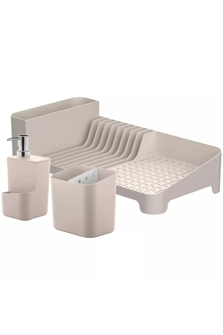 Kitchen Sink Organizer Set 3-Piece, Dish Rack, Cutlery Drainer & Soap Dispenser with Sponge Holder, Durable Compact, Main, color, Beige