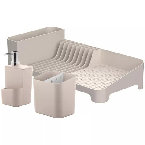 Kitchen Sink Organizer Set 3-Piece, Dish Rack, Cutlery Drainer & Soap Dispenser with Sponge Holder, Durable Compact