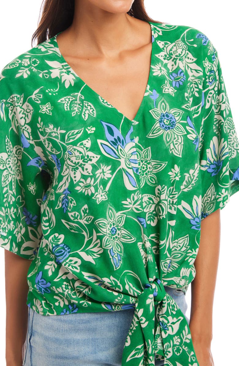 Karen Kane Floral Flutter Sleeve Tie Front Top, Alternate, color, Green Print