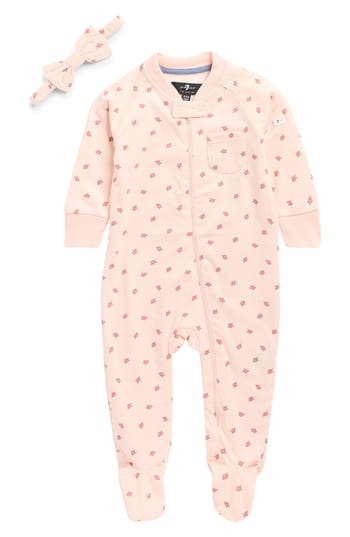 7 For All Mankind Babies'  Zip Footie & Headband Set In Pink