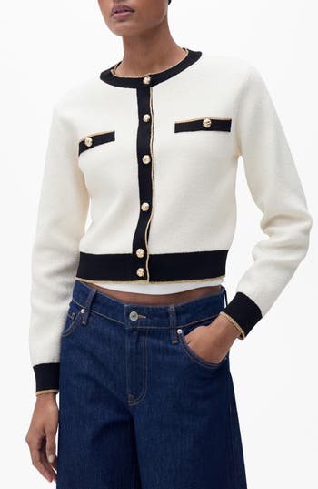 Mango Contrast Trim Cardigan In Neutral