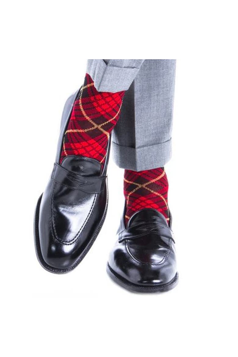 Finn Tartan Plaid Over The Calf Mercerized Cotton Socks, Alternate, color, Red/Black/Yolk Tartan Plaid