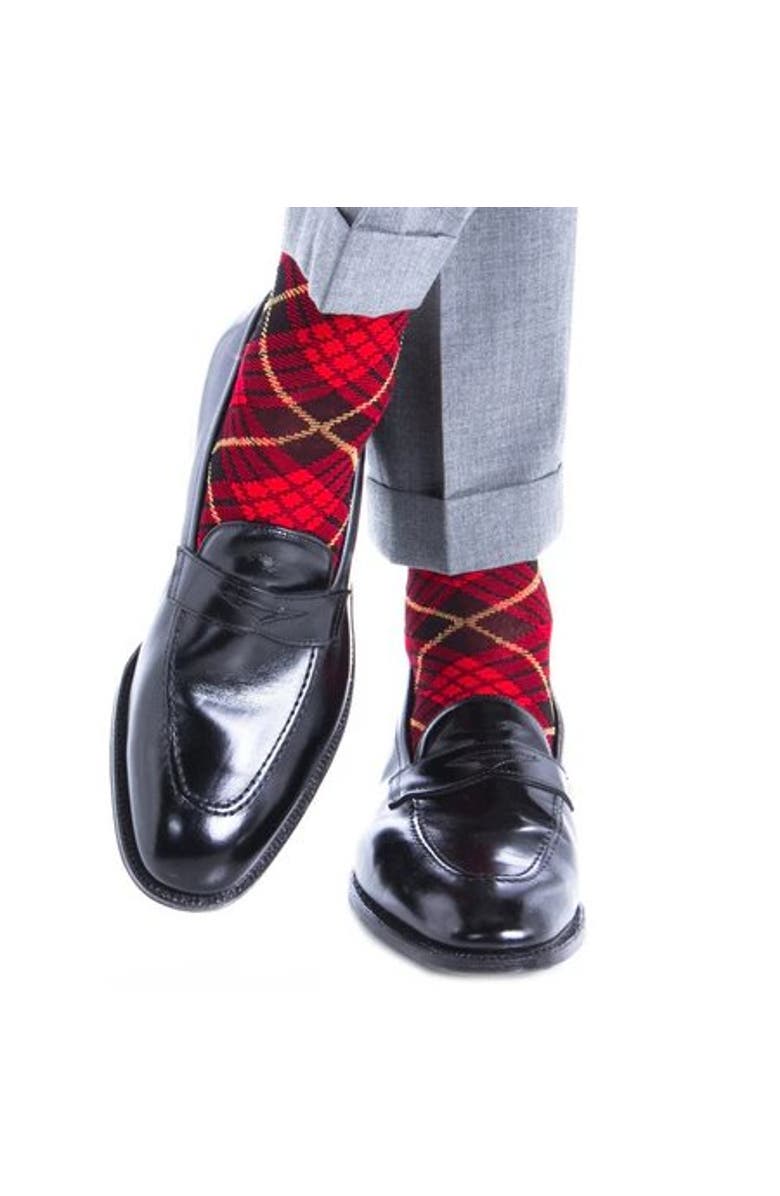 Trafalgar Finn Tartan Plaid Over The Calf Mercerized Cotton Socks, Alternate, color, Red/Black/Yolk Tartan Plaid