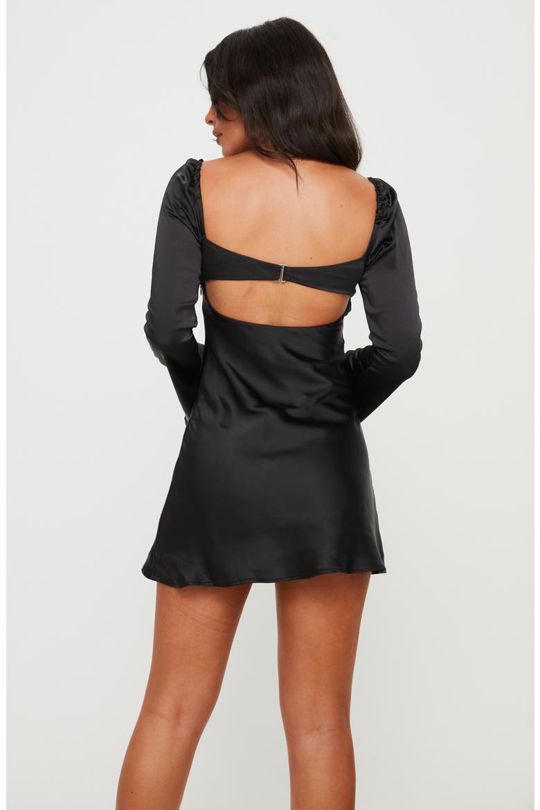 Moniz Lace Trim Long Sleeve Satin Minidress, Alternate, color, BLACK